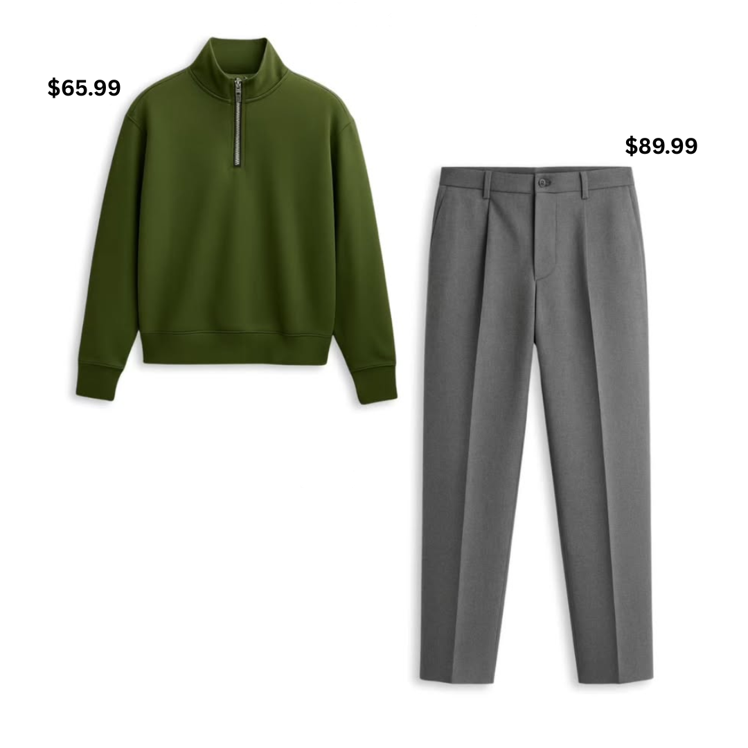 Quarter-Zip Knit & Charcoal Tailored Trousers Set
