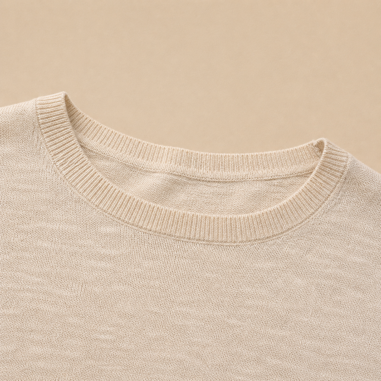 Beige Linen Cotton Essential Crewneck Close-up