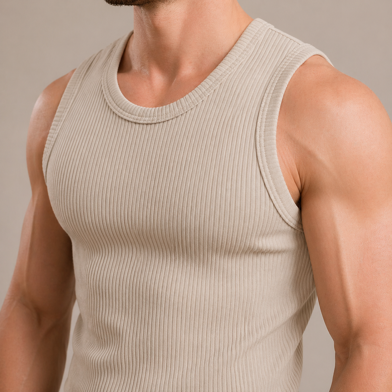 Beige Marcivo Slim Fit Ribbed Tank Top Close-Up