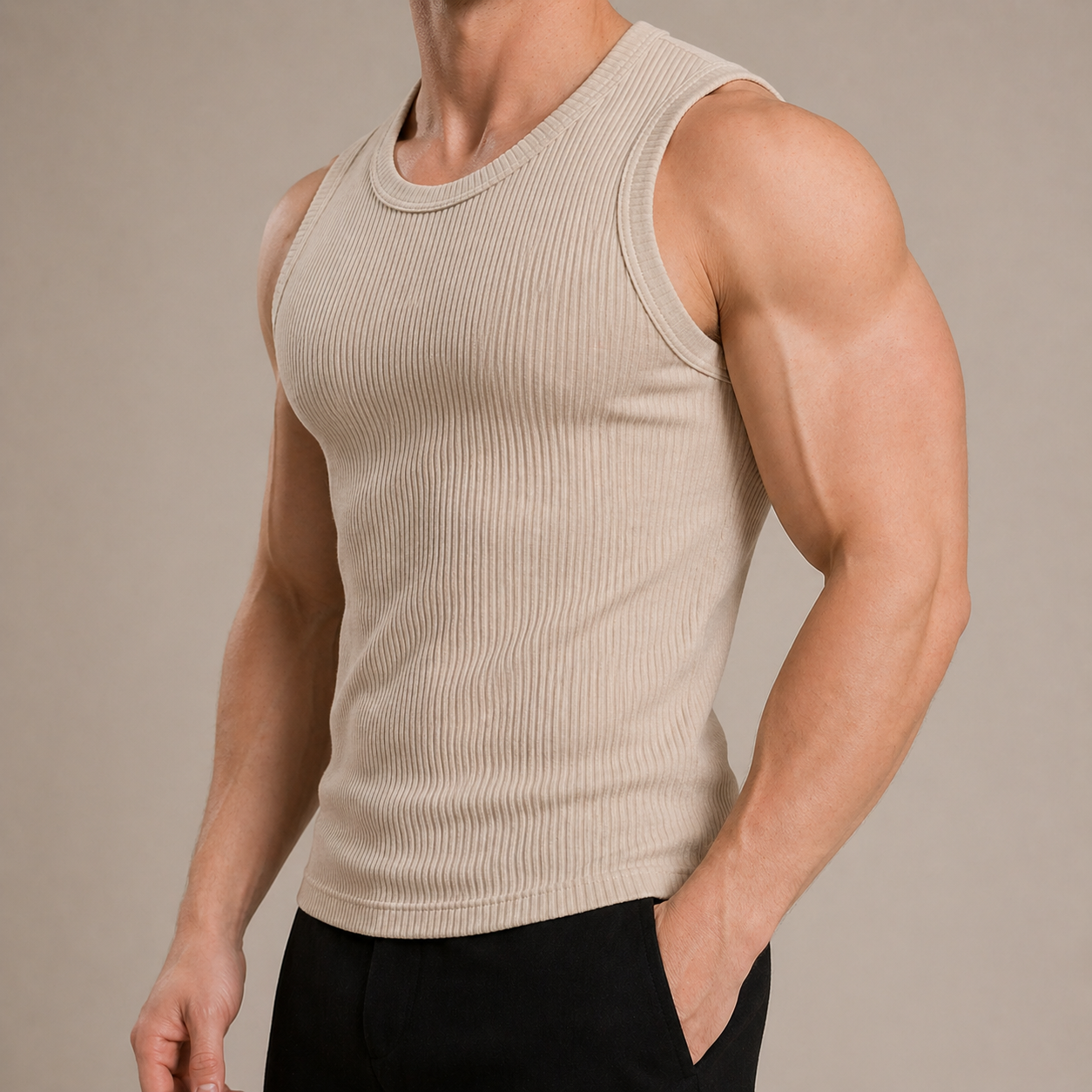 Beige Marcivo Slim Fit Ribbed Tank Top Side View