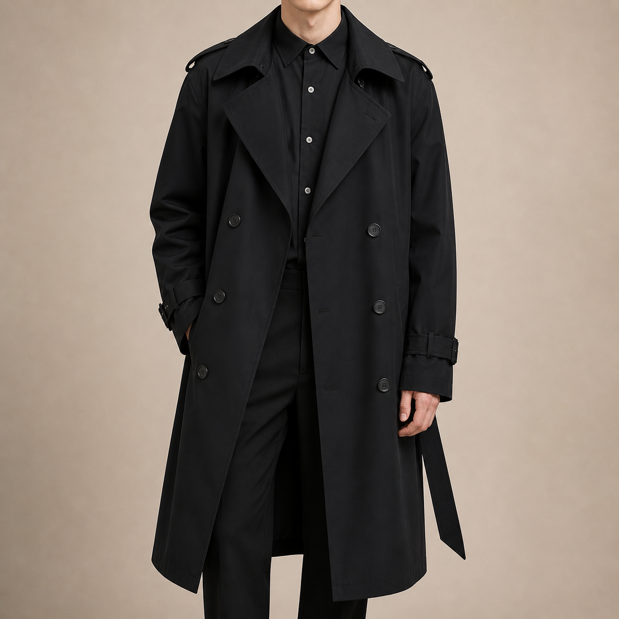 Black Classic Double-Breasted Trench Coat Close-up