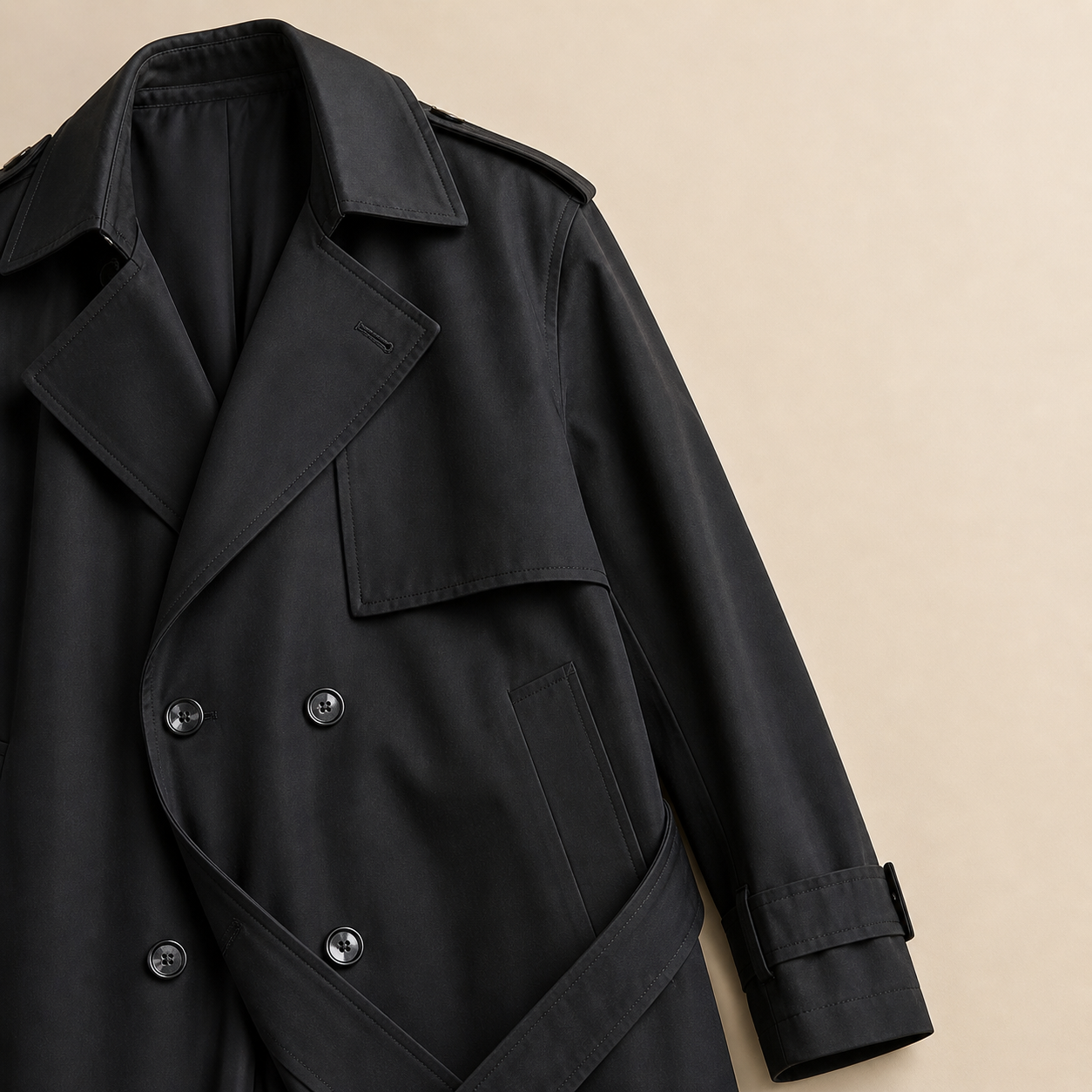 Black Classic Double-Breasted Trench Coat Fabric Close-up