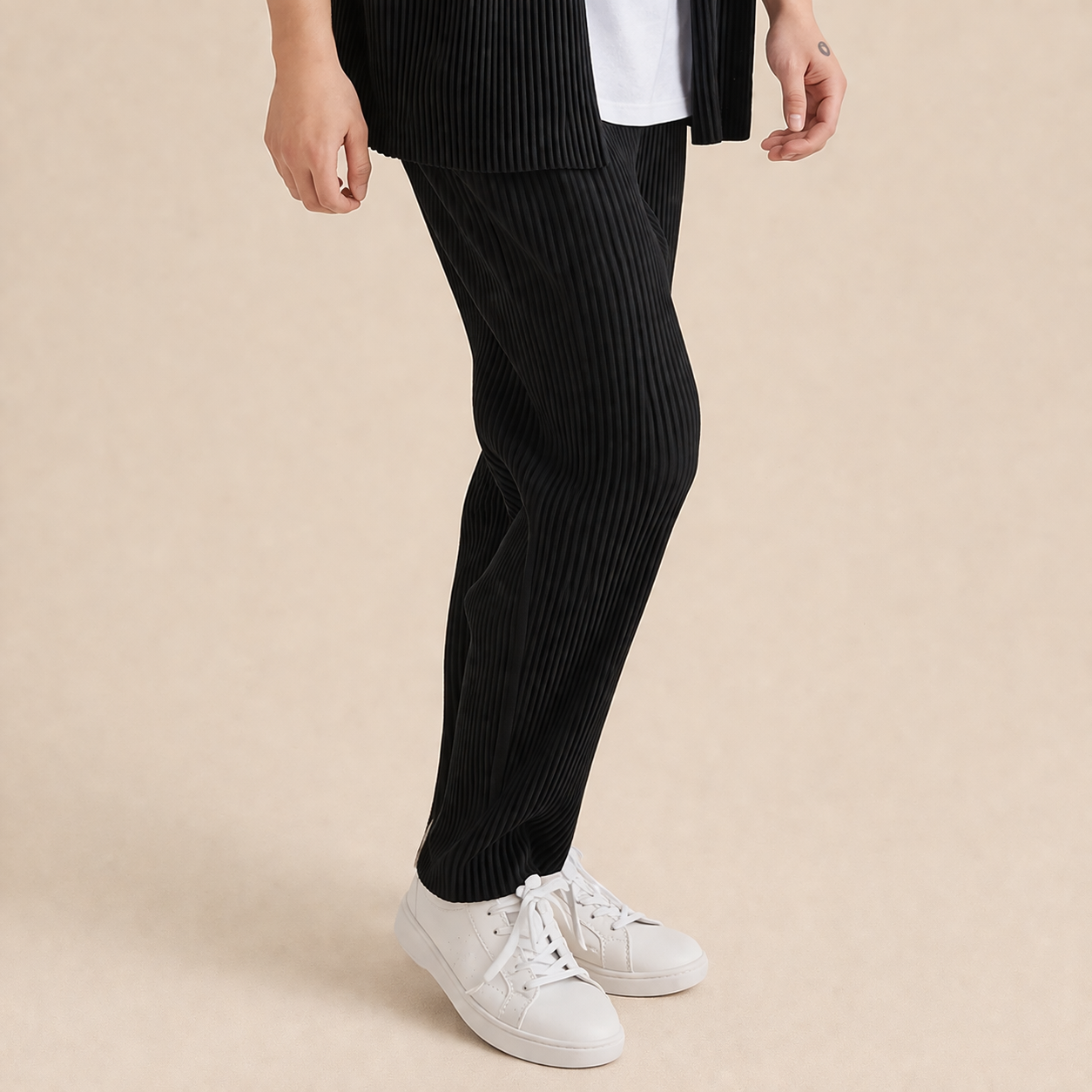 Black Ribbed Cotton Pantalon Side View