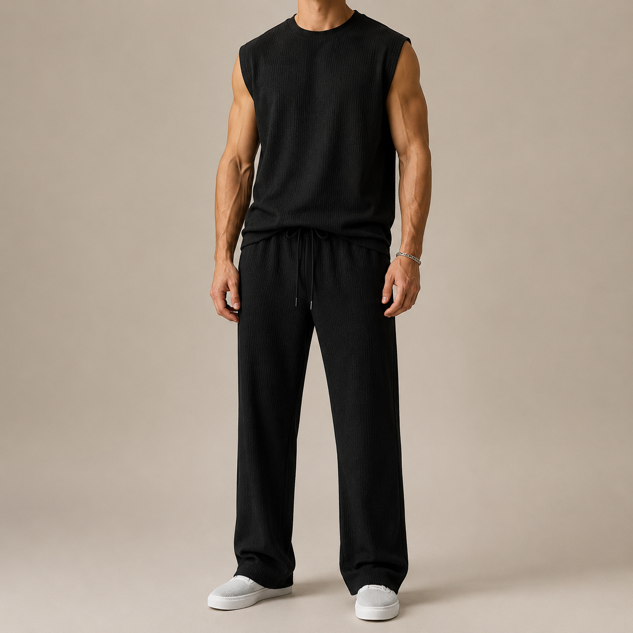 Black Sleeveless Knit Pants Set