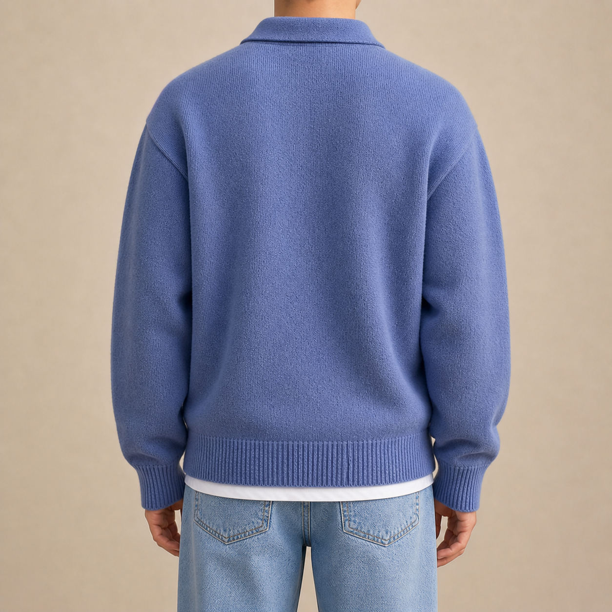 Blue Woolen Button Half Zip Back View