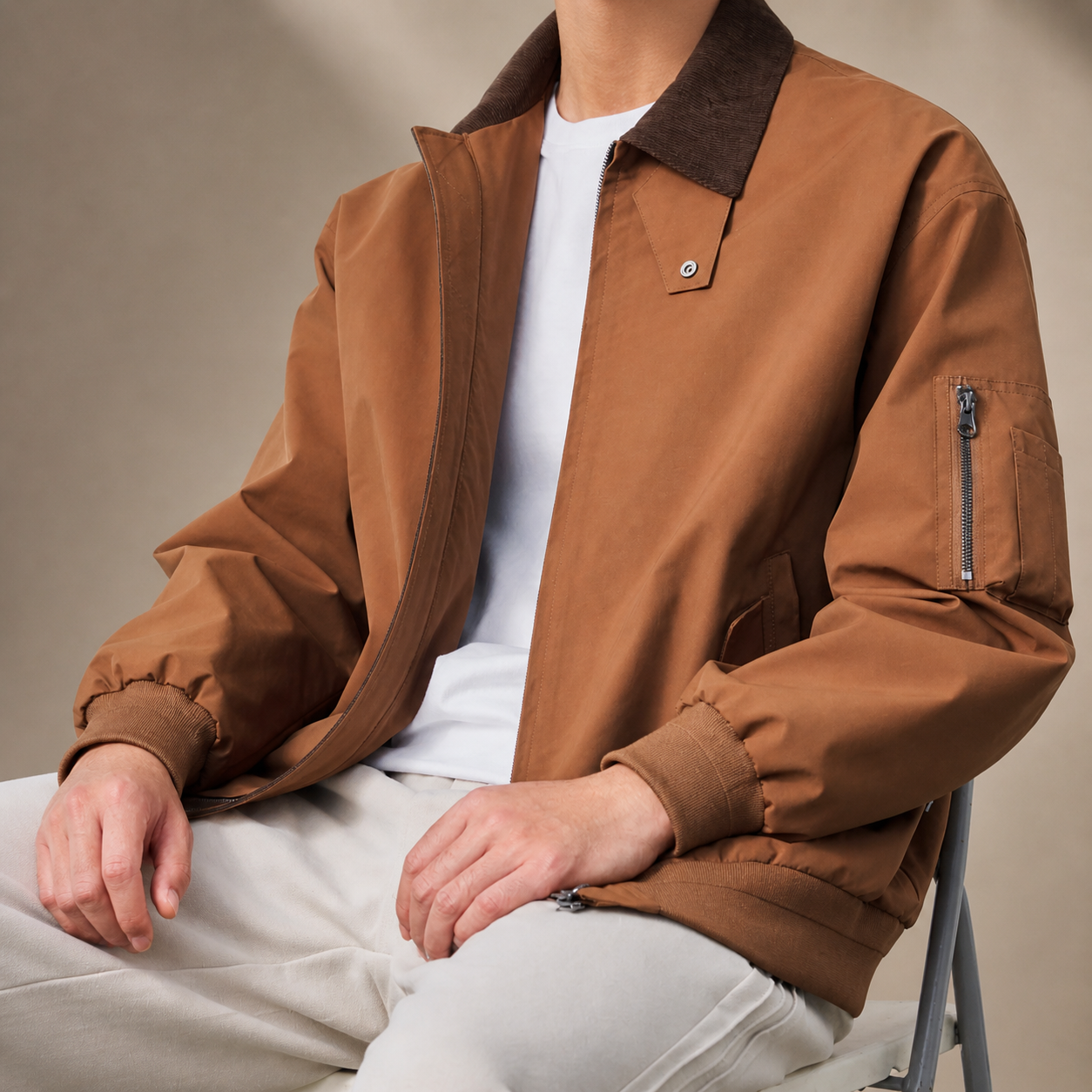 Brown Classic Harrington Jacket Close-up Details