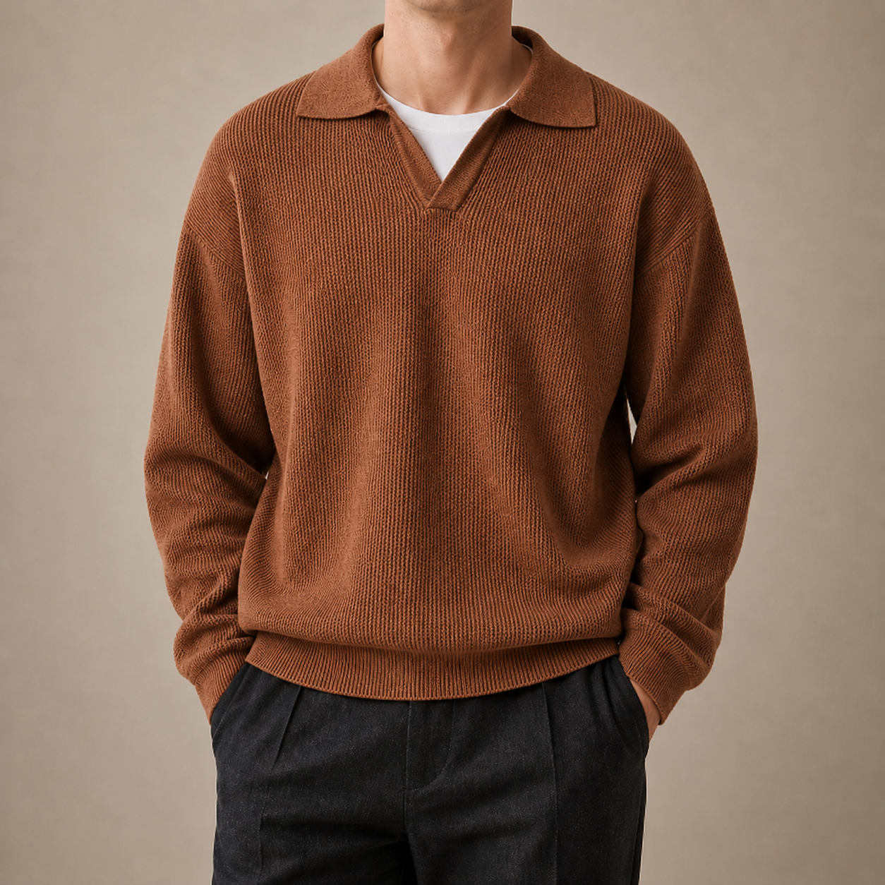 Brown Textured Knit Polo Sweater