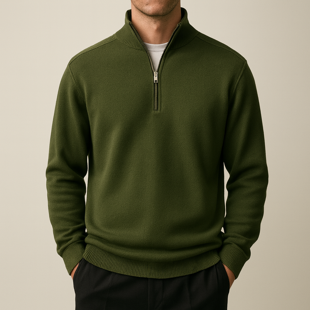 Quarter-Zip Knit & Charcoal Tailored Trousers Set