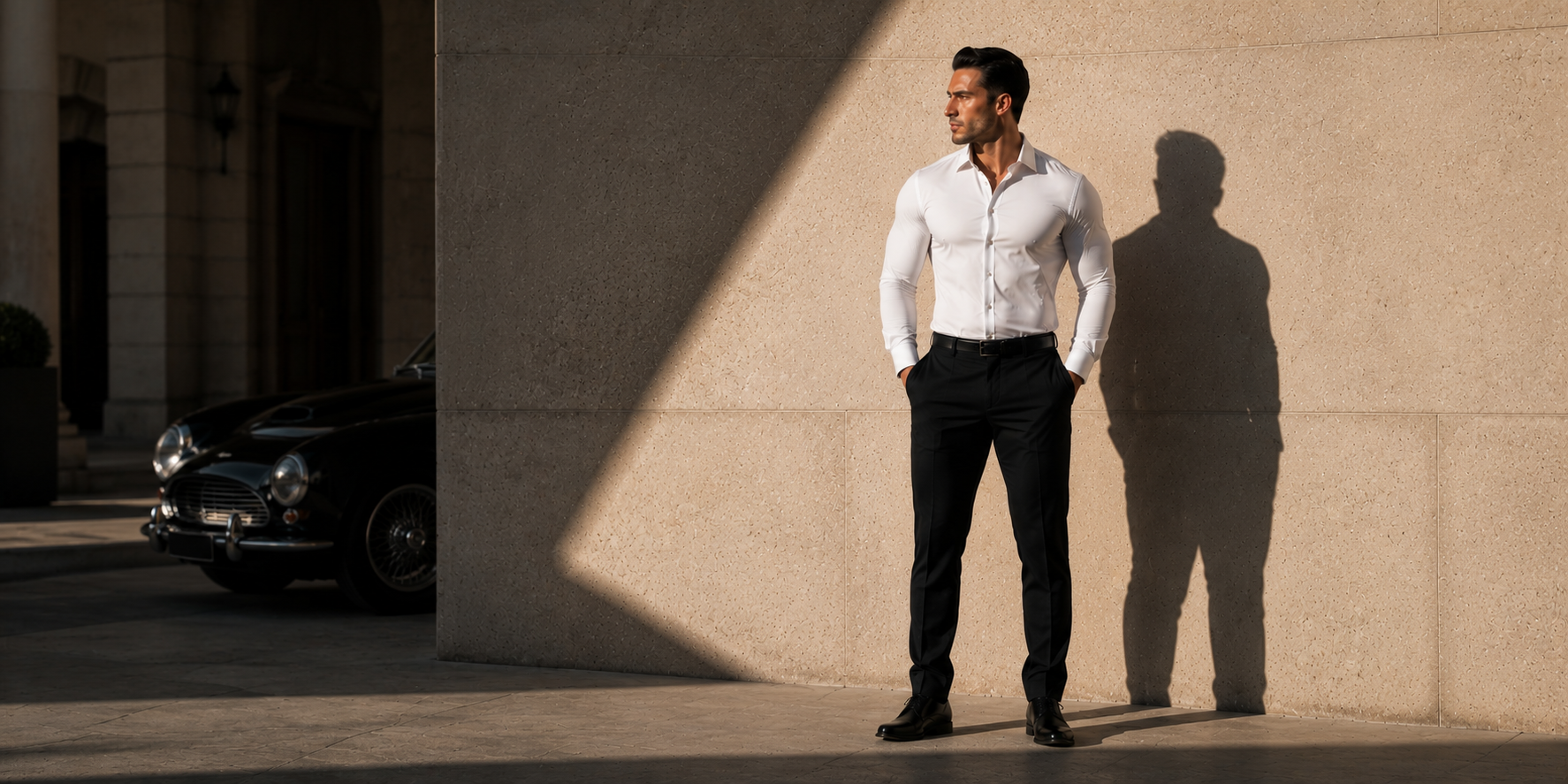 Elegant man in white shirt and black trousers