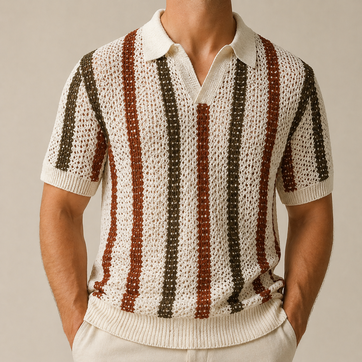 Ivory Rust Stripe Knit Polo