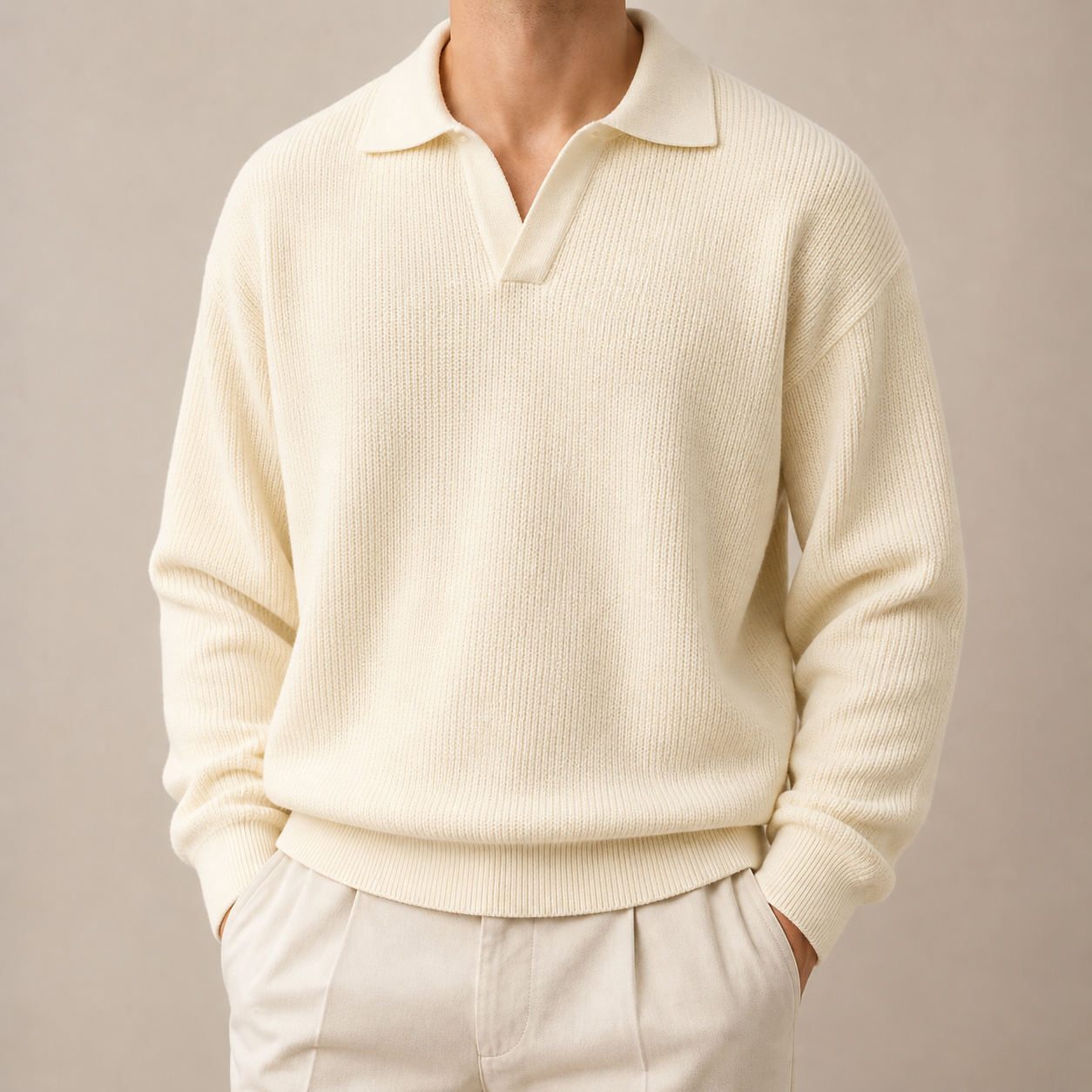 Ivory Textured Knit Polo Sweater