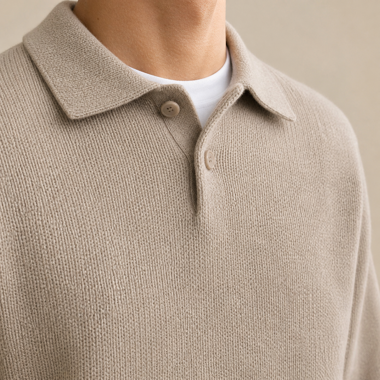 Khaki Woolen Button Half Zip Close-Up
