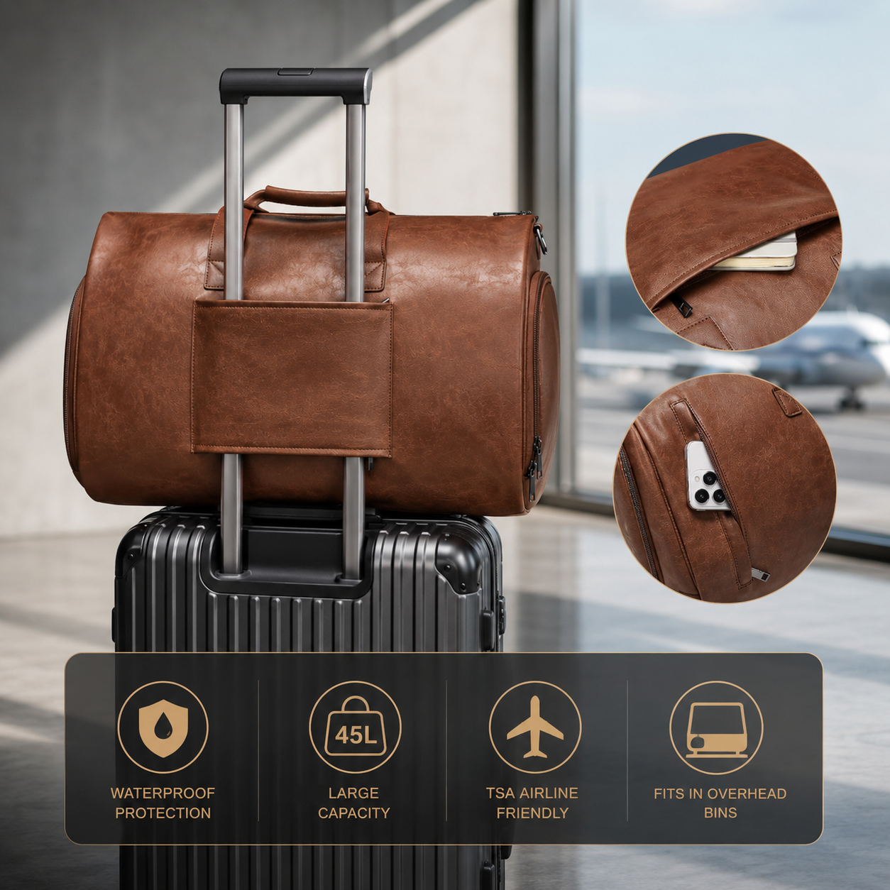 Marcivo Voyager Leather Garment Duffle – Luggage Sleeve & Travel Features