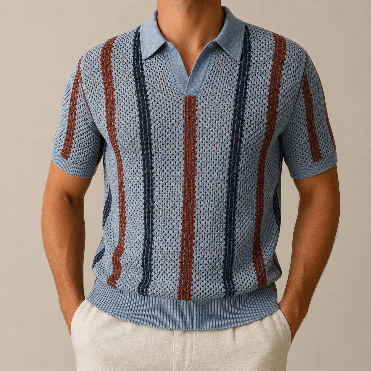 Steel Blue Stripe Knit Polo