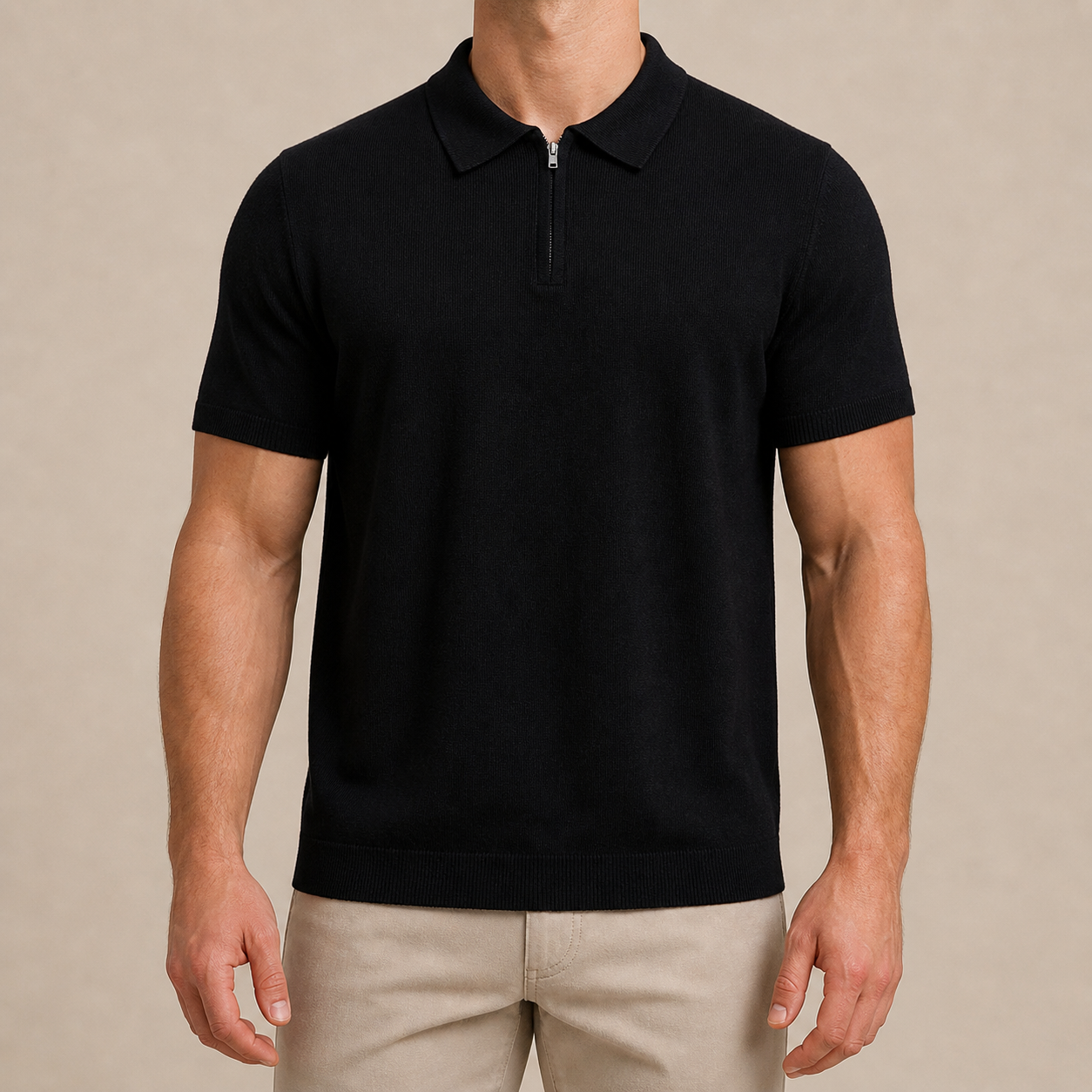 Black Marbella Zip-Up Polo
