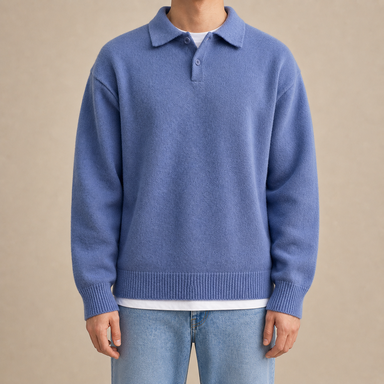 Blue Woolen Button Half Zip Front View