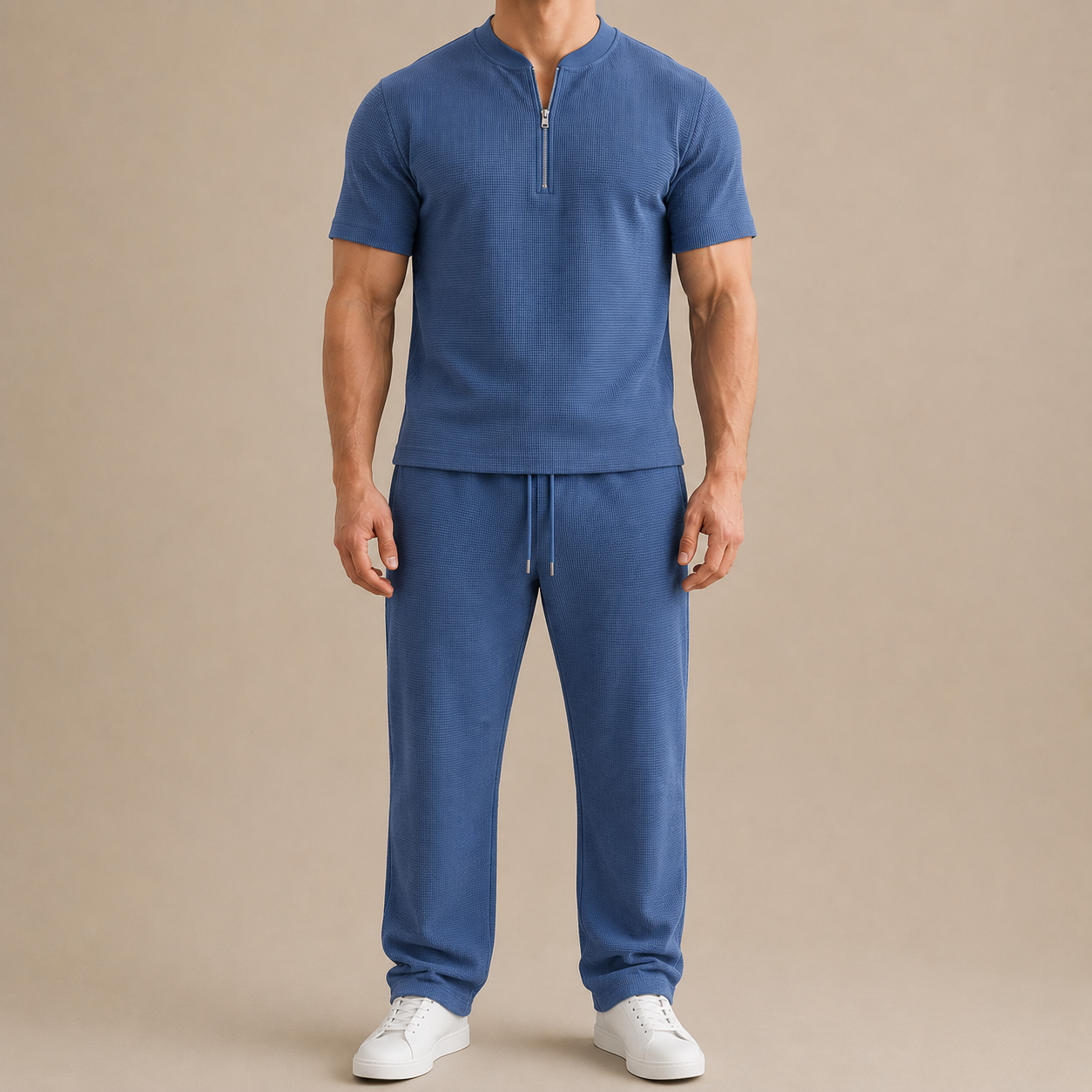 Men's Summer Waffle Collar Zipper Set