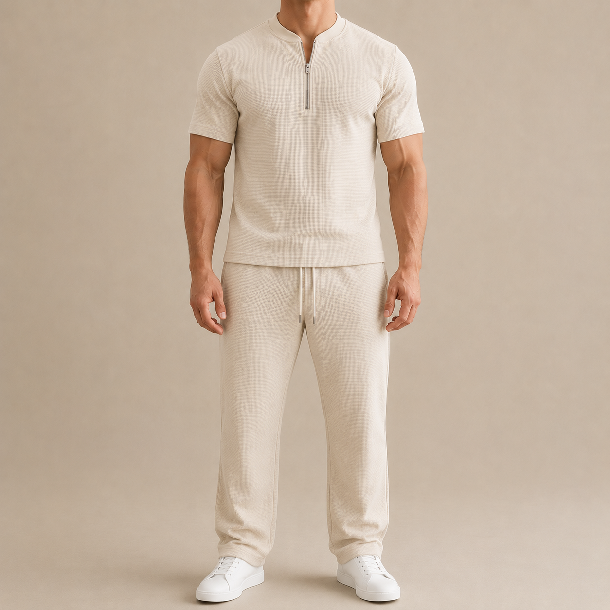 Men's Summer Waffle Collar Zipper Set