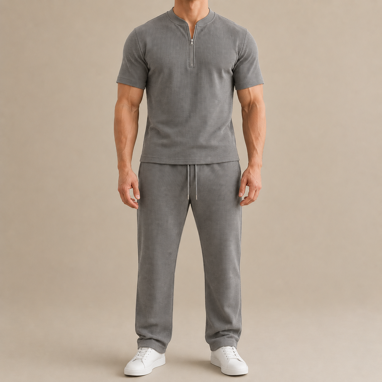 Men's Summer Waffle Collar Zipper Set
