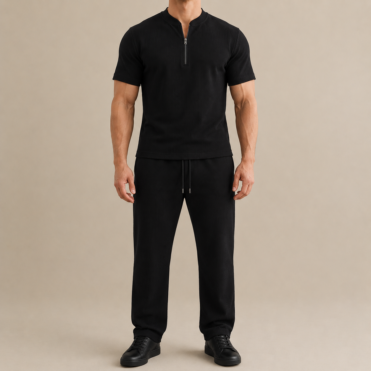Men's Summer Waffle Collar Zipper Set