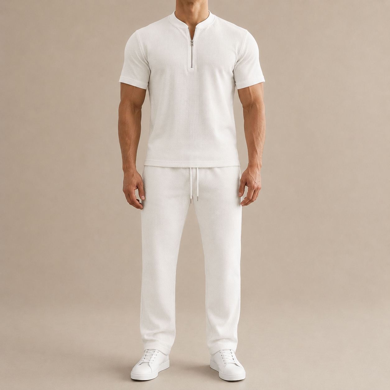 Men's Summer Waffle Collar Zipper Set