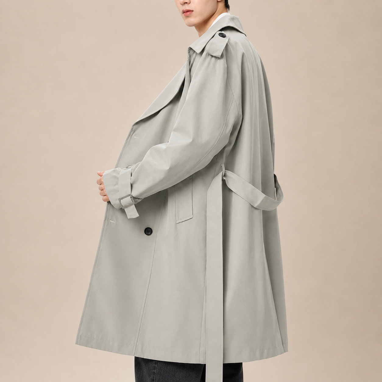 Gray Classic Double-Breasted Trench Coat Side View