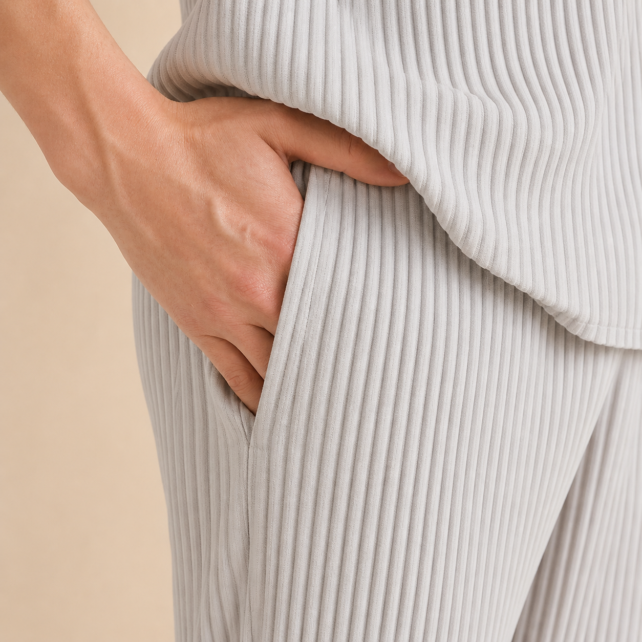 Gray Ribbed Cotton Pantalon Texture Close-up