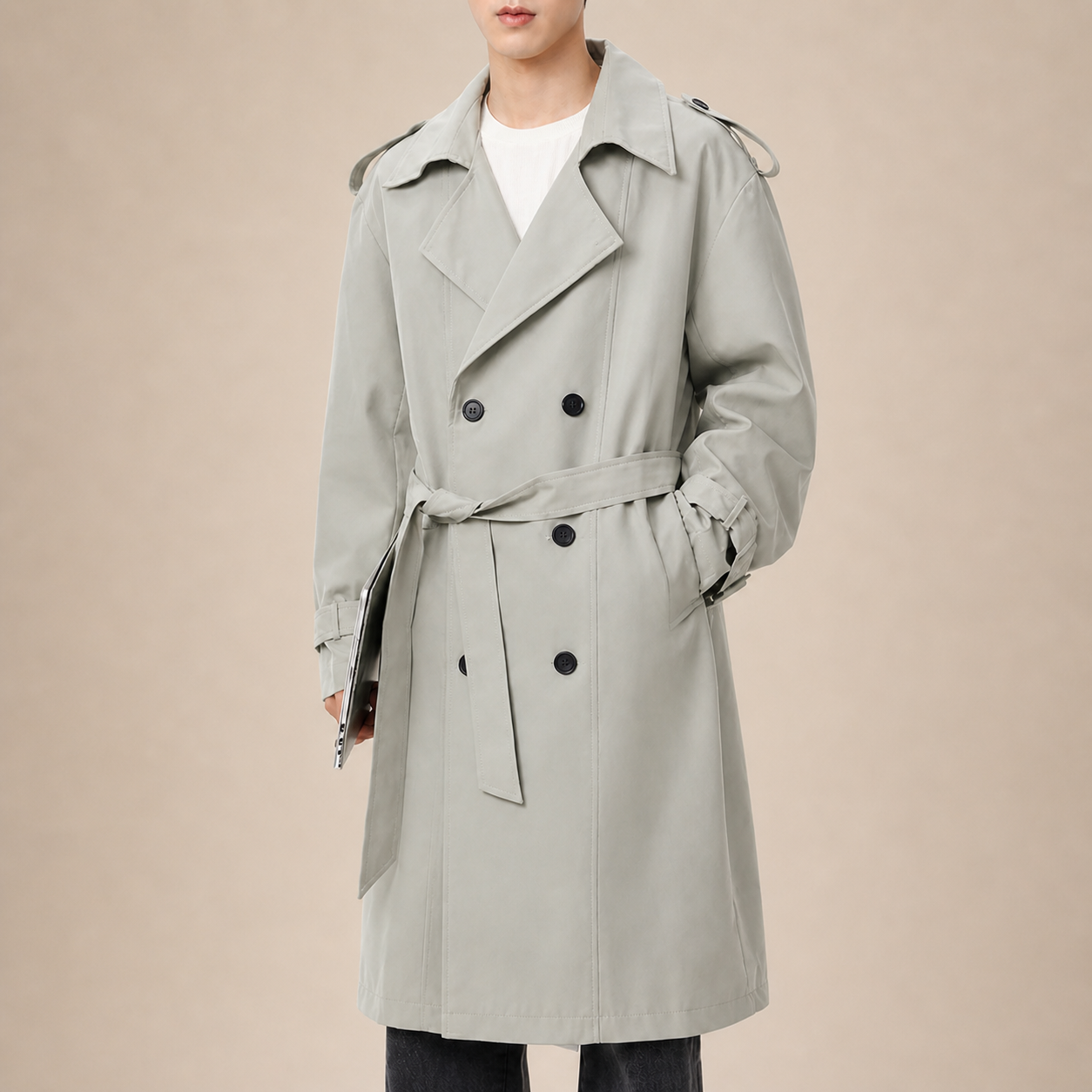 Grey Classic Double-Breasted Trench Coat 