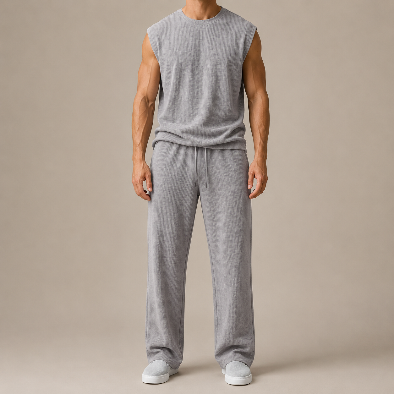 Grey Sleeveless Knit Pants Set