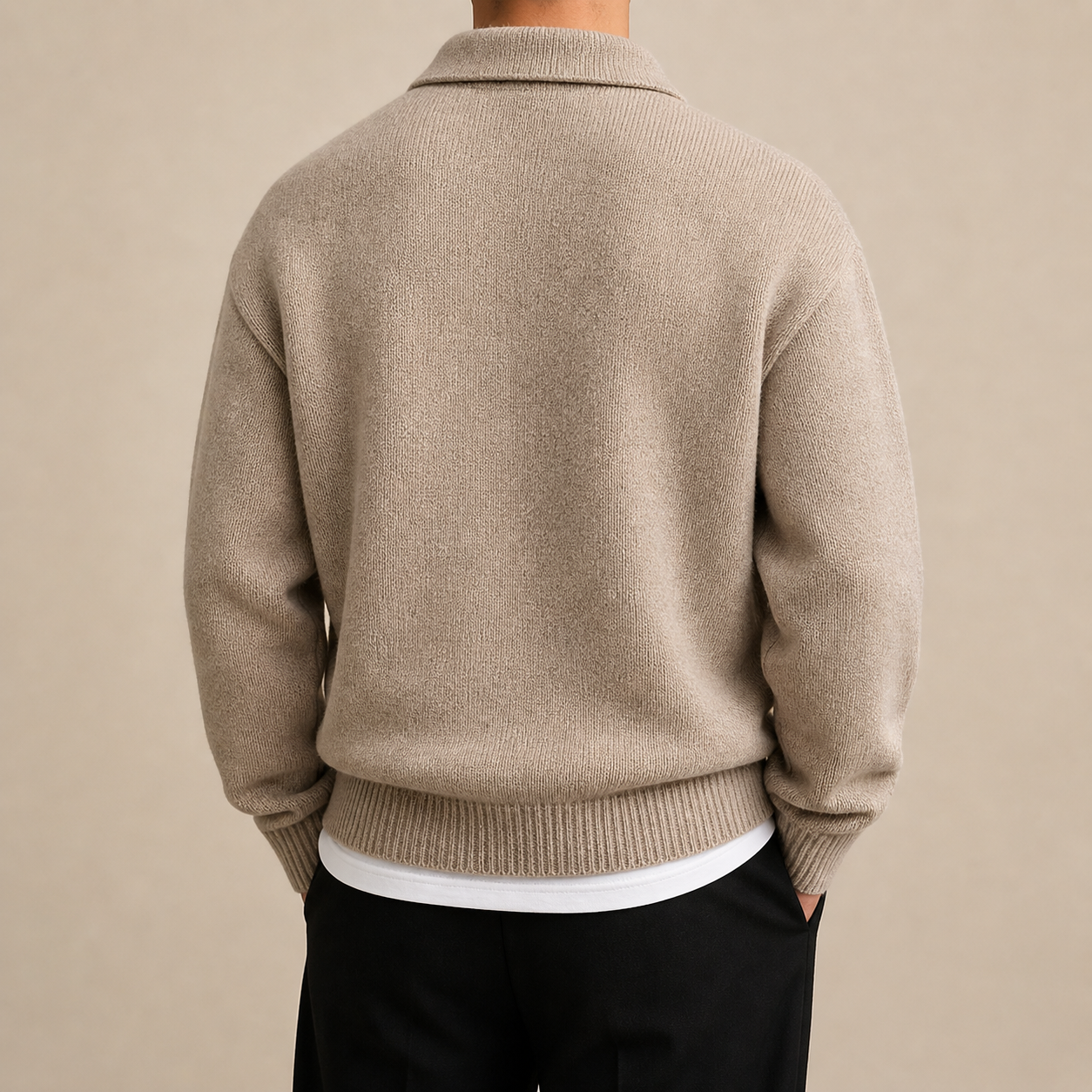 Khaki Woolen Button Half Zip Back View