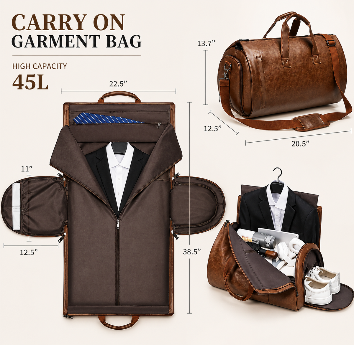 Marcivo Voyager leather garment duffle rolled and buckled into weekender form