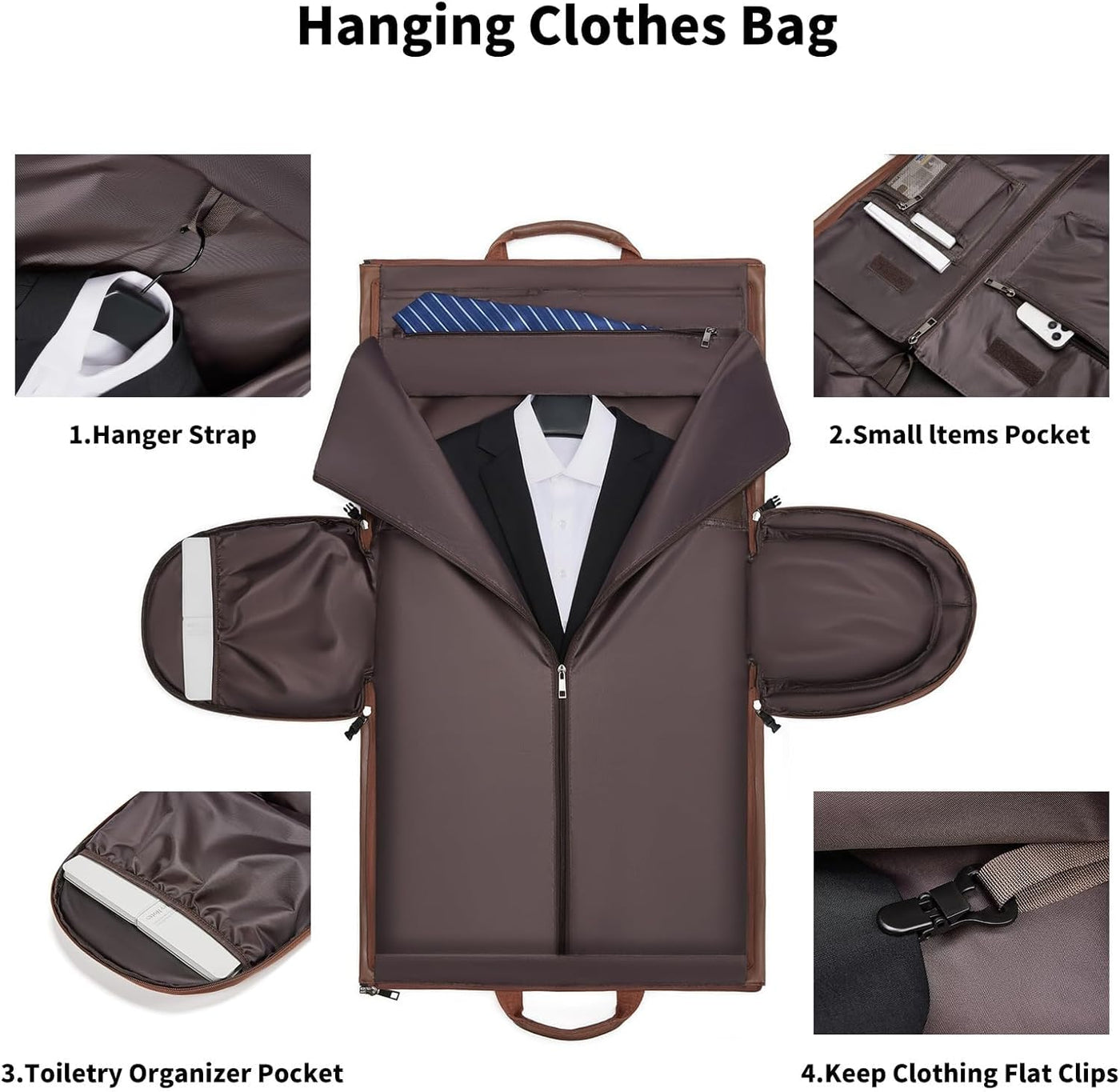 Bag unfolded flat into a full-length garment bag with a suit, tie pocket and hanger strap