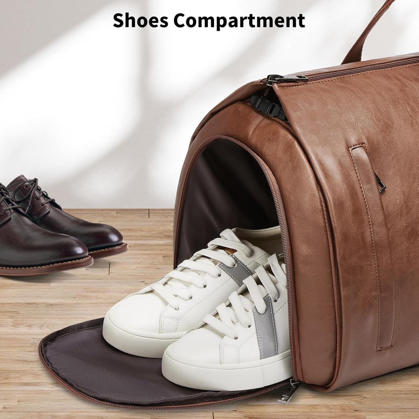 Separate zip-open shoe compartment holding a pair of white sneakers