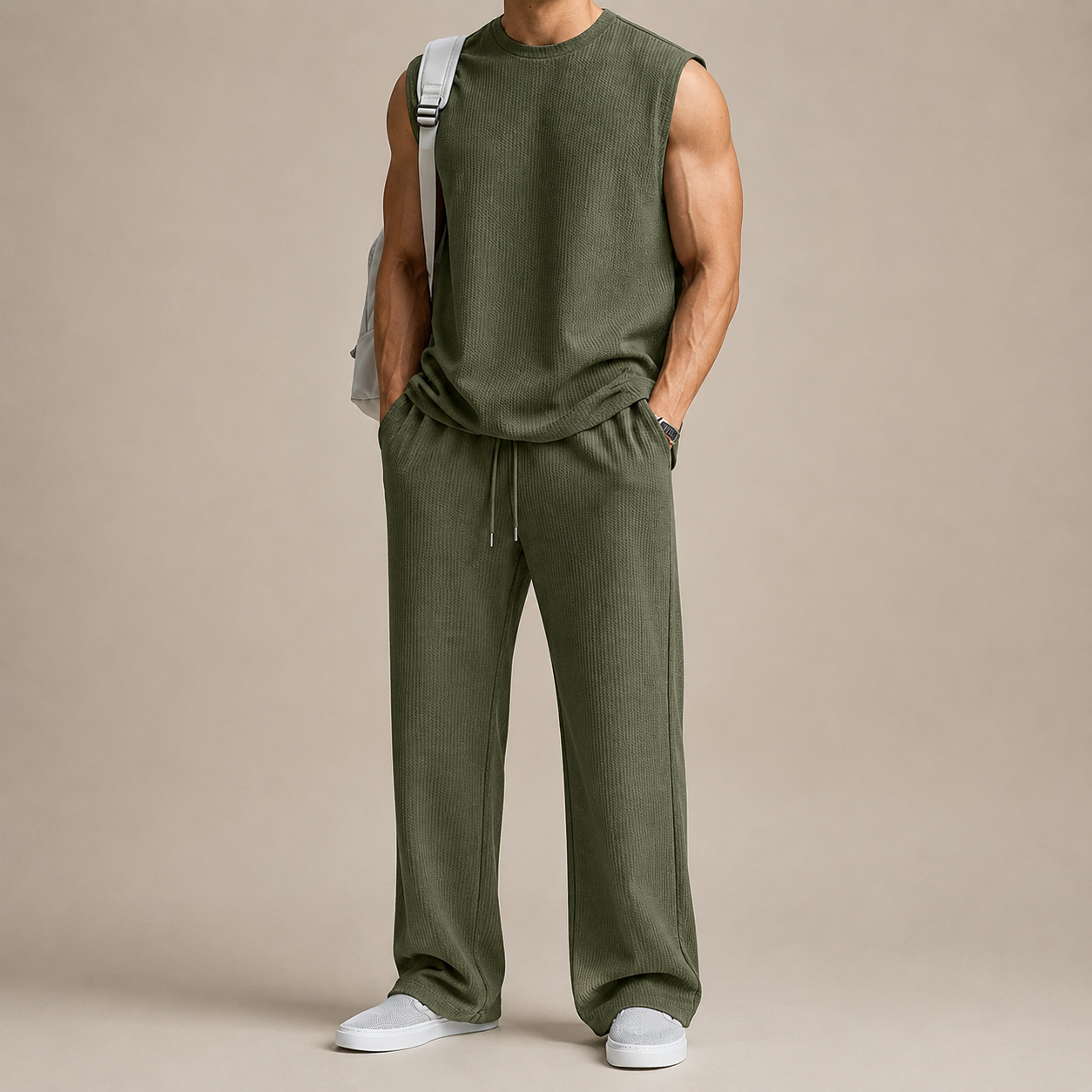 Moss Green Sleeveless Knit Pants Set