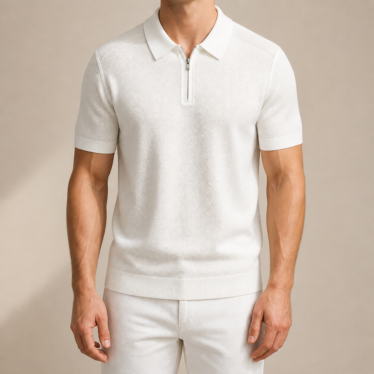 White Marbella Zip-Up Polo