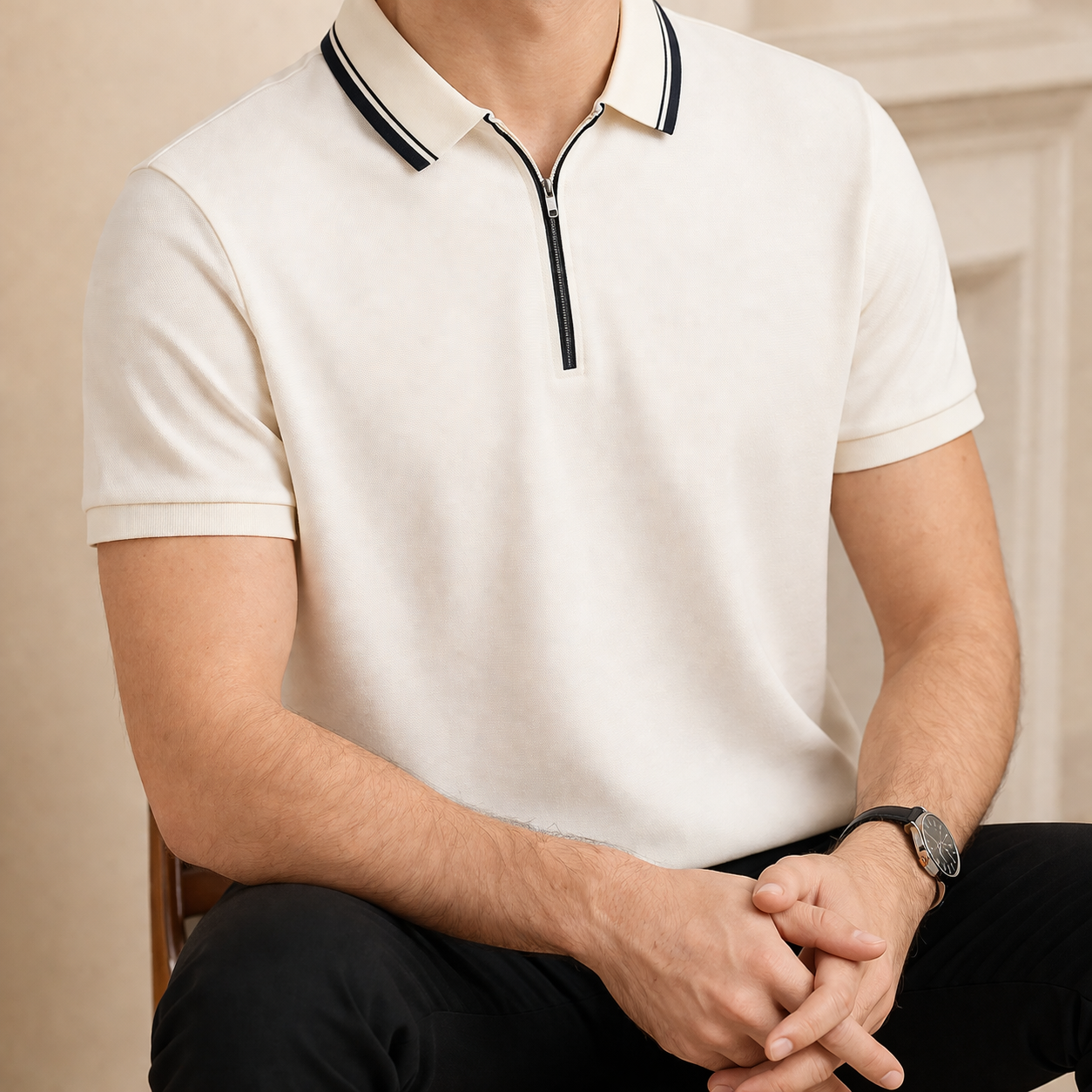 White Ridgeway Zip Polo Close-up View