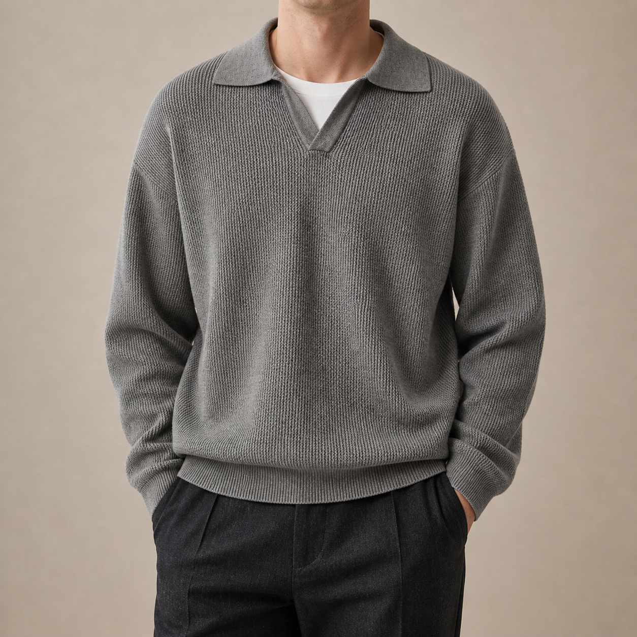 Textured Knit Polo Sweater